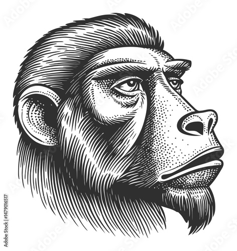 Detailed Vector Illustration of a Thoughtful Gorilla in Black and White