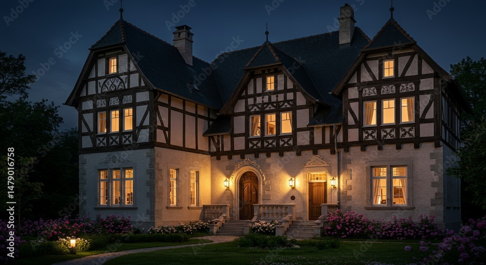 Naklejka premium Illuminated Tudor-style mansion at dusk, showcasing architectural details, warm interior lighting, and lush garden with blooming roses, creating a serene evening ambiance.