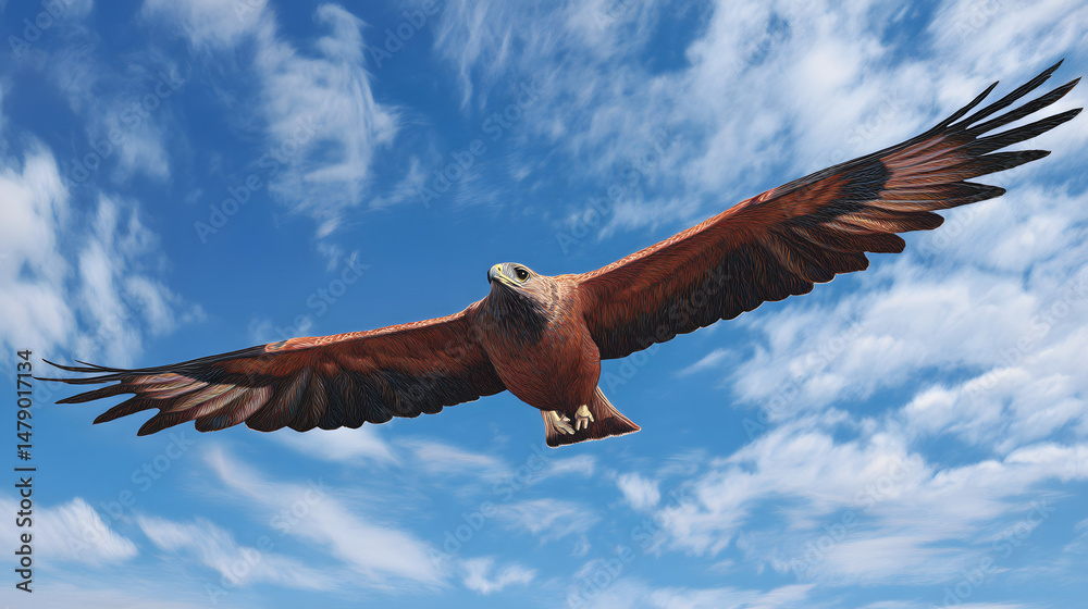Fototapeta premium A large brown bird with a black head flying in the sky
