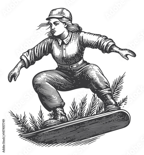 Vintage Style Illustration of a Woman Snowboarding in Nature