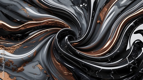 Abstract background with black and copper marble swirl in rich and dramatic 3D design