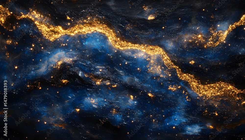 Fototapeta premium Cosmic landscape with shimmering gold streaks.