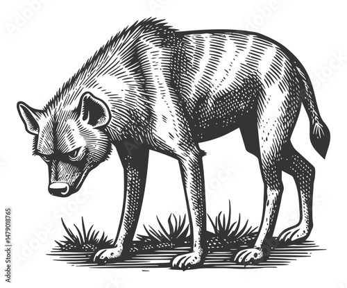 Black and White Illustration of a Hyena in a Detailed Drawing Style