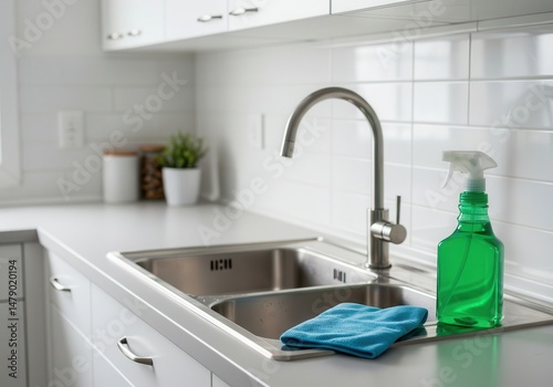 Clean and Modern Kitchen Sink with Cleaning Supplies and Fresh Greenery in Bright and Airy Home Environment