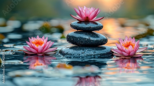 Serene pond scene with stacked stones and lotus flowers