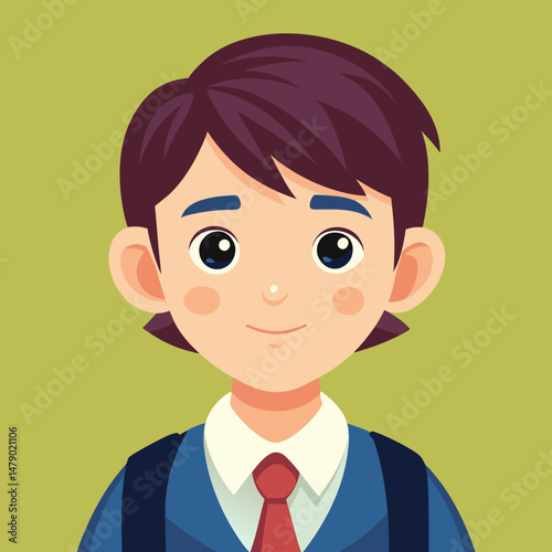 Cartoon vector of a schoolboy with dark hair wearing a uniform and backpack
