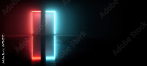 A vibrant neon doorway with red and blue light.