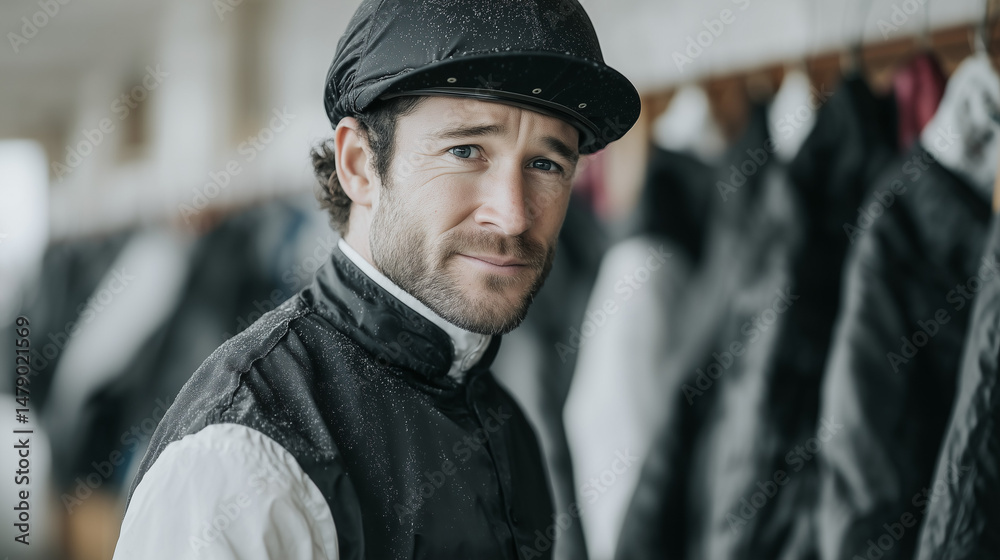Obraz premium Poised Jockey in Stable: A focused jockey stands in a stable, showcasing strength and poise in preparation for the upcoming race. The scene captures determination and the spirit of competition.