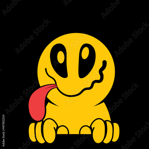Cartoon character with yellow face and big eyes expressing joy and playfulness while sticking out its tongue