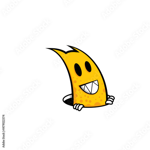 Cheerful cartoon character emerging from a hole with an animated expression and vibrant colors