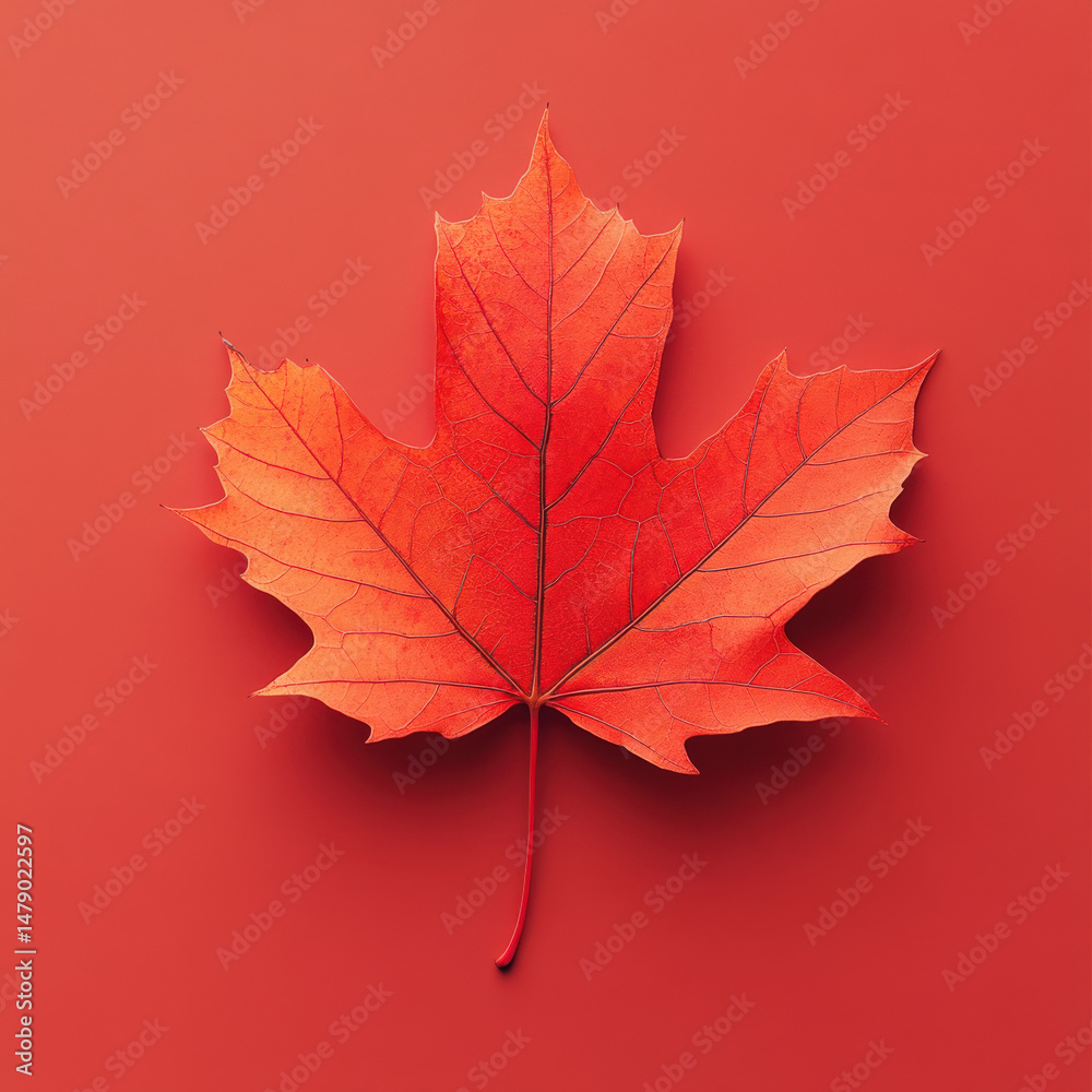 Fototapeta premium Red maple leaf on monochrome red background