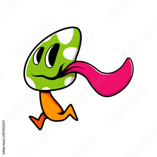 Colorful cartoon character running energetically with a long tongue and a playful expression in a whimsical style