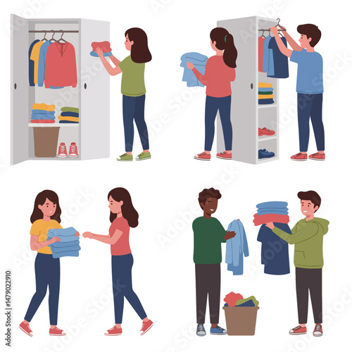 People organizing clothing in wardrobes at home
