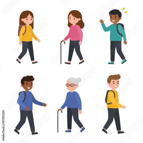 People walking diverse group friendly characters