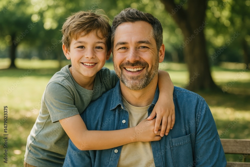 Fototapeta premium Father and son smiling outdoors.