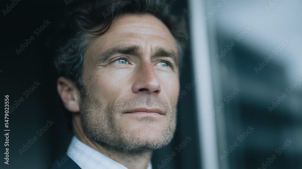 Fototapeta premium A Visionary Gaze: A middle-aged man with a contemplative gaze, peering out of a window, his thoughtful expression conveying ambition and a deep sense of purpose.