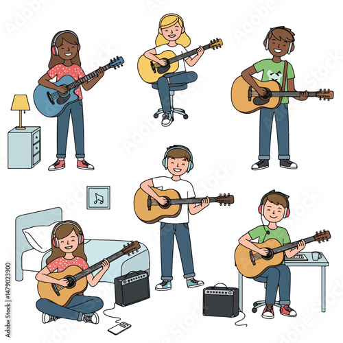 Guitar players in bedroom scene hobby music