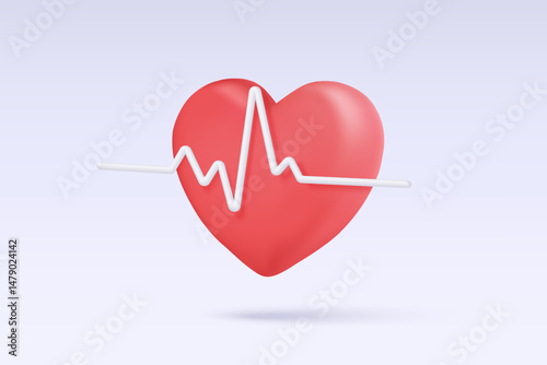 3d red heart with white pulse line on background. heartbeat or cardiogram for healthy lifestyle, pulse beat measure, cardiac assistance, medical healthcare concept. 3d vector icon render illustration