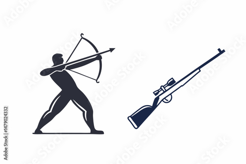 Silhouettes of Traditional Archer and Modern Sniper Rifle – Contrast of Ancient and Modern Weaponry