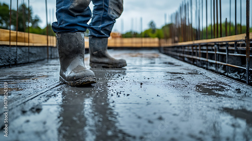 Construction Worker in Rain Boots on Wet Concrete