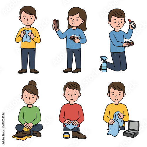 People cleaning and polishing leather shoes set