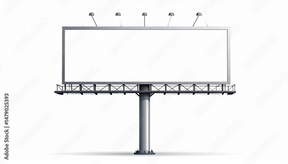 Obraz premium Blank billboard on a pole with lights, isolated on a white background, closeup view. Concept of empty space for advertising. 