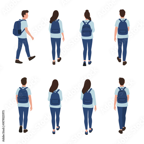People walking with backpacks, college students illustration