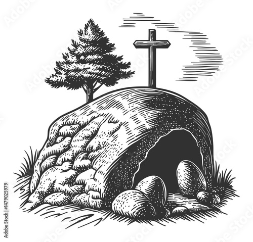 Illustration of a Rock Cave with Cross, Tree, and Eggs in Vintage Style