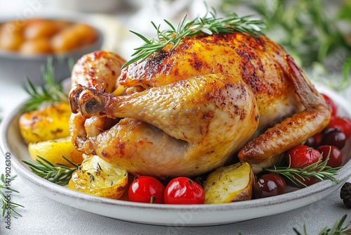 Roasted chicken with herbs served on a festive table setting during winter