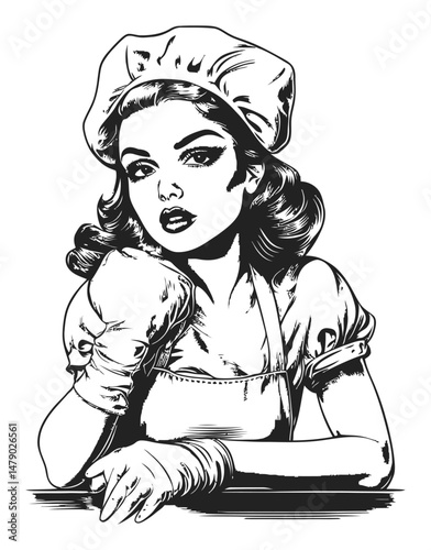 Vintage Style Woman Chef Illustration in Monochrome Line Art