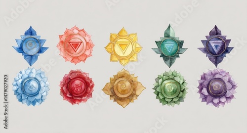 Set of watercolor chakras Hand drawing. High quality