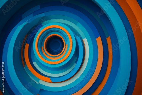Abstract concentric circles in vivid blue, orange, and teal colors.