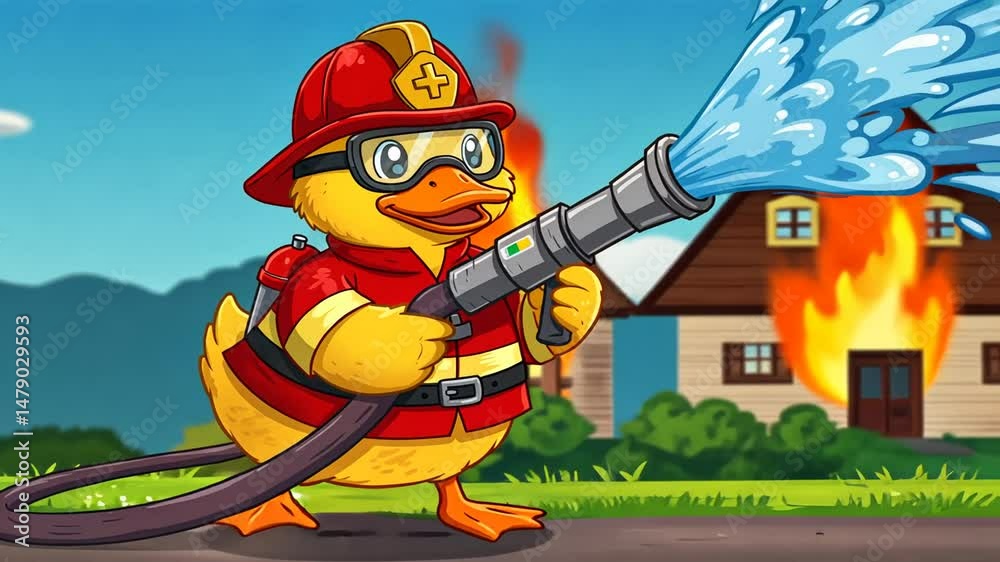 Animated Firefighting Duck Character Spraying Water On Burning House Cartoon Illustration