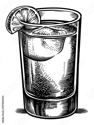 Black and White Illustration of a Refreshing Beverage in a Glass