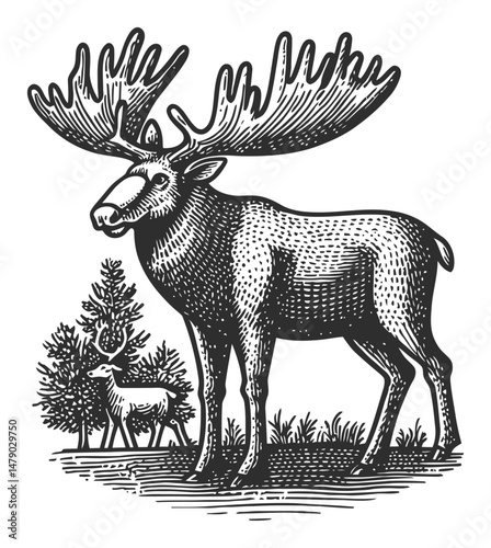 Vintage Style Moose Illustration in Black and White Vector Design