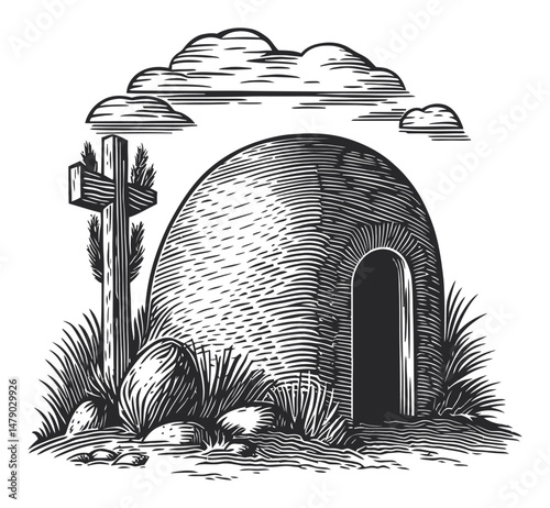 Rustic Tomb with Cross and Surrounding Landscape in Black and White Art