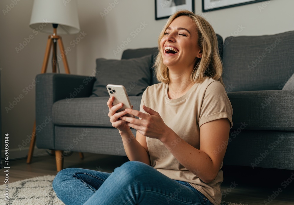Obraz premium A woman is laughing while sitting on the floor and using her smartphone near the couch