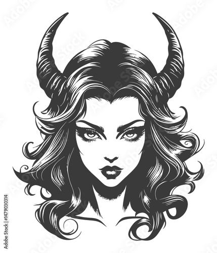 Elegant Female Figure with Horns in Monochrome Vector Illustration