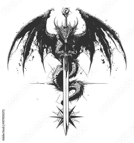 Detailed Black and White Dragon Illustration with Sword and Wings
