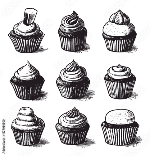 Vintage Hand-Drawn Cupcake Illustration with Varied Designs and Shapes