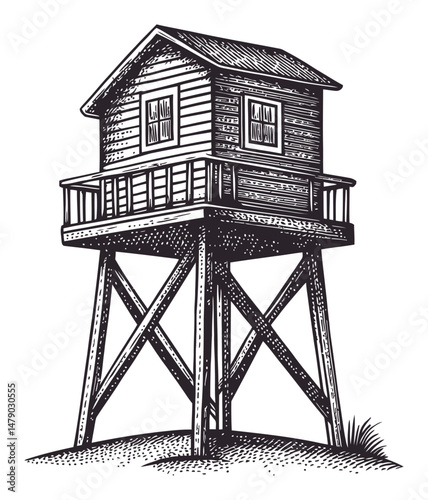 Detailed Illustration of a Wooden House on Stilts in Black and White