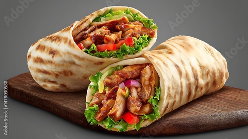Juicy Shawarma Roll Wrapped in Pita with Crisp Vegetables