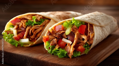 Juicy Shawarma Roll Wrapped in Pita with Crisp Vegetables
