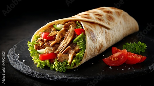 Juicy Shawarma Roll Wrapped in Pita with Crisp Vegetables