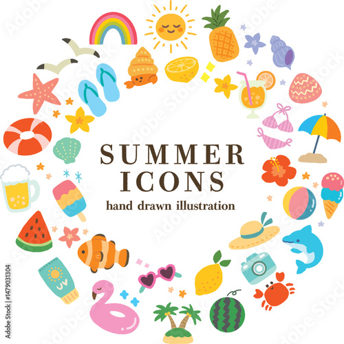 Cute Summer Icon Frame in Circle Shape – Hand Drawn Vector Illustration