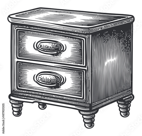 Hand-Drawn Vintage Nightstand with Two Drawers in Black and White