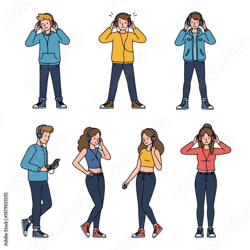 People listening to music with headphones collection