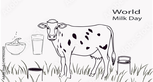 Illustration of a cow with milk carton, glass, dairy bowl, and text highlighting World Milk Day.