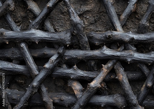 Dark, intricate wall pattern of interwoven sticks