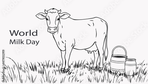 Illustration of a cow with milk carton, glass, dairy bowl, and text highlighting World Milk Day.